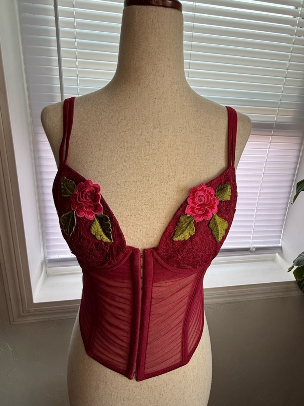 Burgundy Floral Lace Bustier with Rose Appliqués